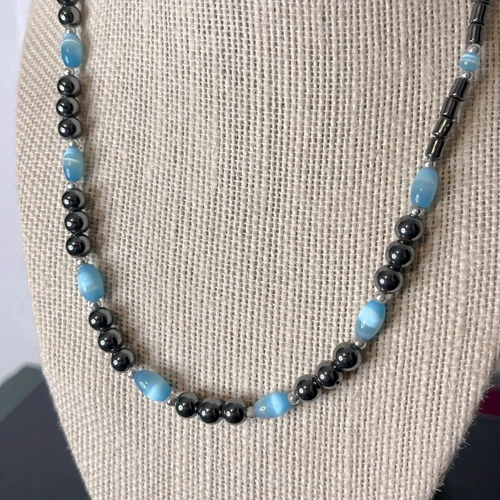Hematite and Blue‎ Glass Beaded Vintage 90s Necklace